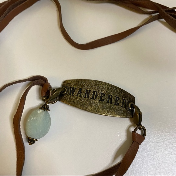 WANDERER Adjustable Tie Choker Necklace, Bronze, Brown Leather, Blue Stone - Picture 2 of 6